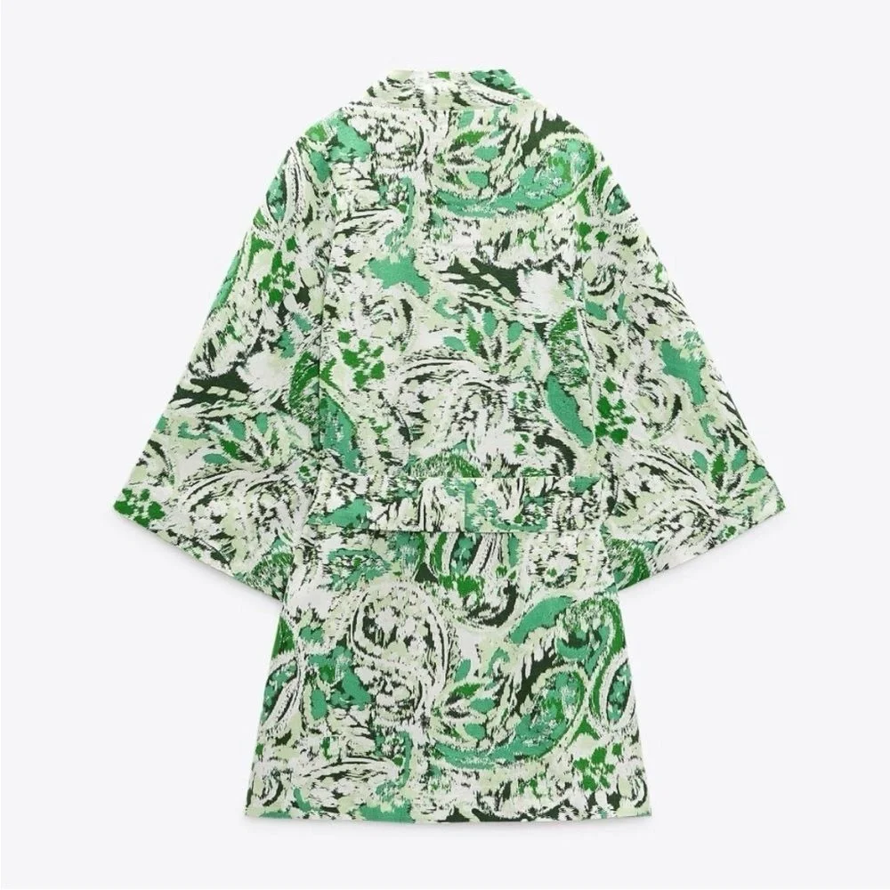 ZARA Linen Blend Printed Kimono Printed ✨ White + Green Size M/L - Picture 12 of 15